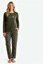Women's green 100% cotton jersey pajama set, long sleeve button-down collar, women's pajama set with pockets.