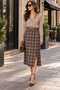 Women's Brown Plaid 100% Cotton Belt Detailed Pleated Slit High Waist Midi Skirt - 2