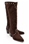 Statice Women's Suede Brown Embossed Embroidered Pointed Toe Thick Heeled Below the Knee Cowboy Boots - 2