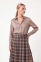 Women's Brown Plaid 100% Cotton Belt Detailed Pleated Slit High Waist Midi Skirt - 4