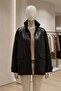 Women's Brsk Long Oversize Zippered Black Leather Jacket with Flap Pockets - 4