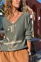 Italian Khaki V-Neck Soft Textured Foil Printed Casual Sweater 65 50