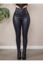 Women's high-waisted leather leggings with front criss-cross detail and button accents.
