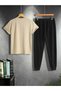 Beige Tshirt Black Sweatpants Jogger Printed Bottom Top Sweatpants Set Oversize Crew Neck - 3