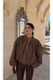 Women's Zippered High Collar Pleated Balloon Sleeve Premium Suede Fabric Crop Oversize Bomber Jacket