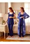 New Season Navy Blue Patterned Breastfeeding-Friendly Design Lace Detailed Wide Strap 100% Cotton Maternity Pajama Set - 5