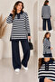 Women's Striped Shirt Collar Buttoned Oversize Knitwear Set - 4