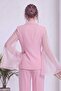 Women's Double-Breasted Jacket with Chiffon Sleeve Detail and Straight-Leg Pants Set in Pink, Brown - 7