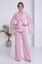 Women's Double-Breasted Jacket with Chiffon Sleeve Detail and Straight-Leg Pants Set in Pink, Brown - 3