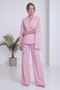 Women's Double-Breasted Jacket with Chiffon Sleeve Detail and Straight-Leg Pants Set in Pink, Brown - 5