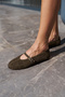 Lavi Women's Green Khaki Genuine Suede Buckle Detail Ballet Flats - 6