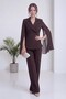 Women's Double-Breasted Jacket with Chiffon Sleeve Detail and Straight-Leg Pants Set in Pink, Brown - 6