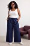 Koyu Mavi DÖKÜMLÜ Beli Lastikli Yüksek Bel Wide Leg Jeans TBBAW27CJ00029