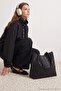 Black Genuine Leather Knitted Effect Women's Maxi Shoulder Bag Takss26Oc00080