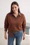 Brown V-Neck Basic Fleece Lined Oversized Sweatshirt Tbbaw26Ao00012 - 3
