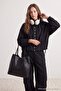 Black Genuine Leather Knitted Effect Women's Maxi Shoulder Bag Takss26Oc00080 - 3
