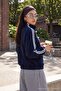 Lacivert Polar Oversize/Geniş Kesim Dik Yaka Çin Düğmeli Şeritli Örme Sweatshirt TWOAW27SW00129 - 2