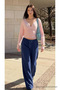Women's Summer Textured Wide-Leg Navy Blue Linen Trousers - 3