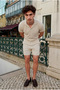 Men's Short Sleeve Shirt Summer Linen Shorts Cream Two-Piece Set - 6