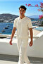 Men's Casual Comfortable Textured Cream Polo Neck T-Shirt - 2