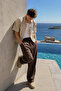 Men's Summer Elastic Waist Brown Baggy Linen Trousers - 2