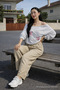 Women's Elastic Waist Wide Leg Beige Linen Trousers - 5
