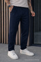 Men's Relax Fit High Waist Pleated Navy Blue Fabric Trousers