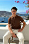 Men's Casual Comfortable Textured Brown Polo Neck T-Shirt - 3