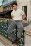Men's Textured Cotton Trendy Loose Cream Polo Neck T-Shirt