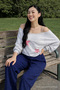 Women's Elastic Waist Wide Leg Navy Blue Linen Trousers - 5