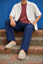 Men's Trend Premium Loose Navy Blue Linen Trousers - 5