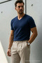 Men's Relaxed Fit Navy Blue Loose V-Neck T-Shirt - 3