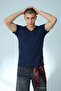 Men's Straight Fit Navy Blue V-Neck T-Shirt - 3