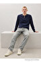 Men's Striped Long Loose Zippered Navy Blue Knitwear Sweater - 2