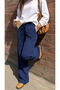 Women's Textured Navy Blue Palazzo Linen Trousers with Elastic Waist - 2