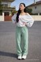 Women's Elastic Waist Wide Leg Light Green Linen Trousers
