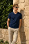 Men's Casual Comfortable Navy Blue V-Neck T-Shirt - 3