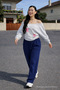Women's Elastic Waist Wide Leg Navy Blue Linen Trousers - 3