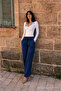 Women's Elastic Waist Jogger Navy Blue Linen Trousers - 2