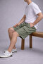 Men's Casual Cargo Pocket Green Linen Shorts with Elastic Waist - 2