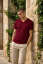 Men's Straight Fit Claret Red V-Neck T-Shirt - 4
