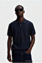 Men's Textured 100% Cotton Navy Blue Polo Collar T-Shirt - 6