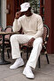 Men's Crew Neck Long Beige Knit Sweater - 3