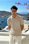 Men's Casual Comfortable Textured Beige Polo Collar T-Shirt