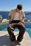 Men's Summer Elastic Waist Brown Baggy Linen Trousers - 4