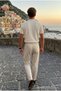 Men's Summer Cotton Textured Loose Cream Polo Collar T-Shirt - 5