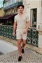 Men's Short Sleeve Shirt Summer Linen Shorts Cream Two-Piece Set - 2