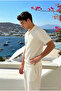 Men's Casual Comfortable Textured Cream Polo Neck T-Shirt - 4