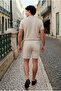 Men's Short Sleeve Shirt Summer Linen Shorts Cream Two-Piece Set - 5
