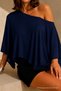 Women's One-Shoulder Navy Blue Asymmetrical Draped Blouse - 6